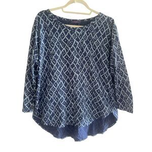 Fresh Produce Blue Top Women’s Size Large 100% Cotton USA 3/4 Sleeve Hi-Low Hem